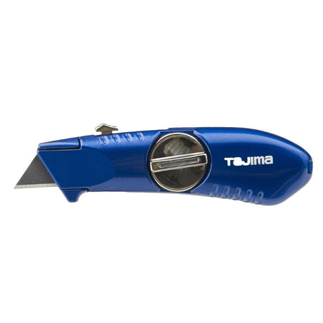 Tajima VR102 Retractable Utility Knife with metal handle, safety guards, and three V-REX blades for versatile cutting tasks.