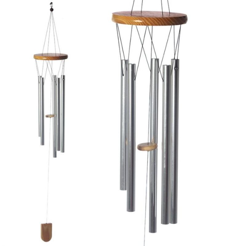 Elegant wooden wind chime with metal tubes, 88cm long, producing soothing sounds for outdoor relaxation and decor.