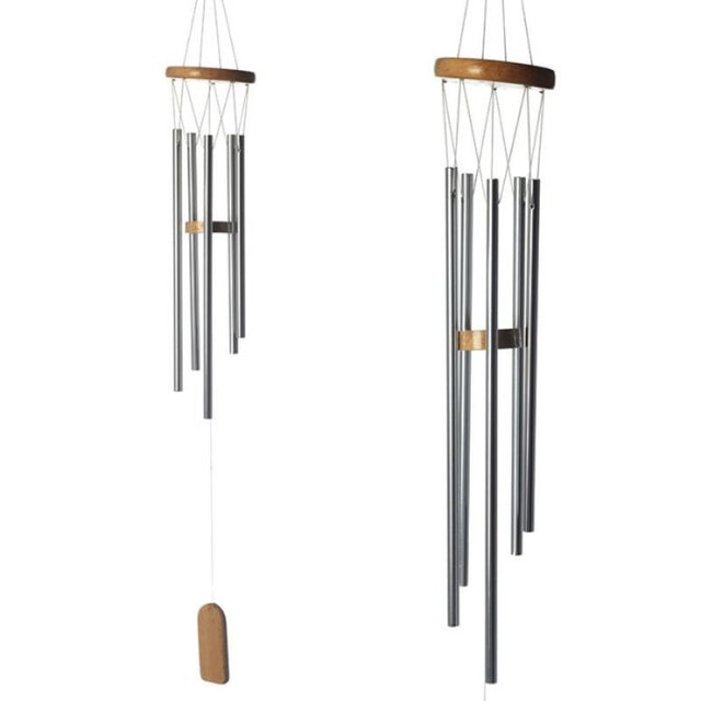 Elegant 77cm wooden wind chime with metal tubes, producing soothing melodies for a serene outdoor ambiance.