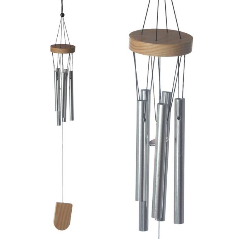 Wooden wind chime with metal tubes, 37cm long, featuring soothing sounds, rustic design, perfect for outdoor relaxation.