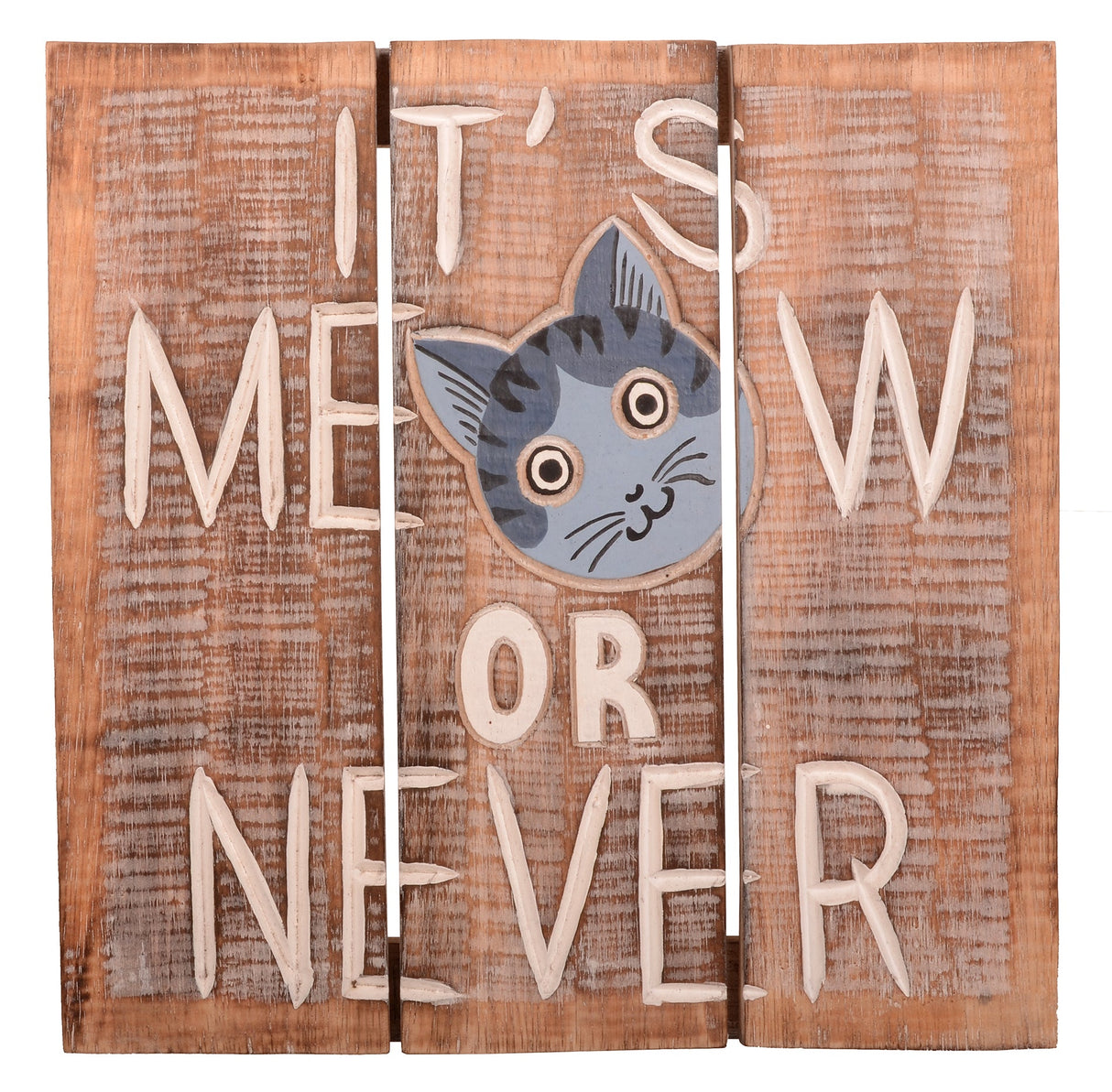 Wood sign featuring whimsical "It's Meow or Never" lettering, perfect decor for cat lovers and unique gift idea.