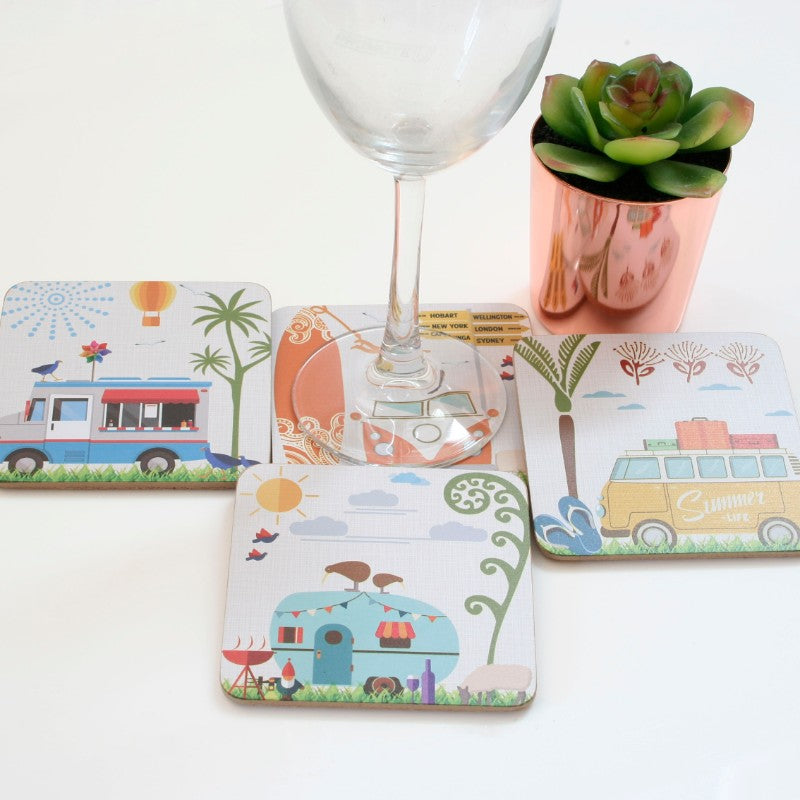Kiwiana coasters showcasing Kiwi designs, 5mm thick MDF with cork base, ideal for home decor and gifting.