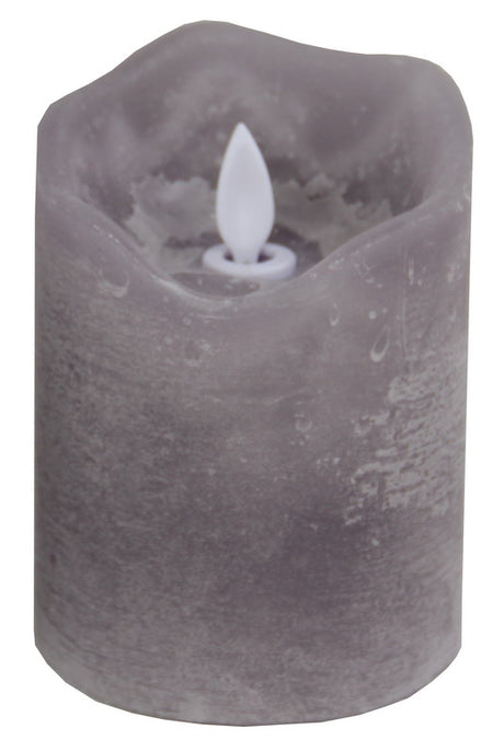 Medium grey LED wax candle with realistic flame effect, measuring 8 cm diameter and 11 cm height, for safe ambiance.