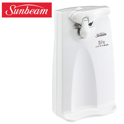 Automatic Sunbeam can opener in white, featuring stainless steel blade and built-in knife sharpener for effortless can opening.