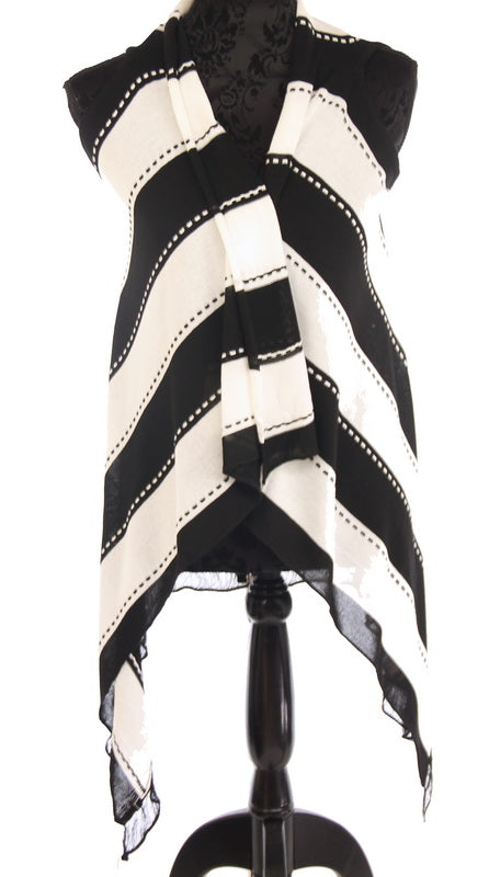 Stripes sleeveless white cape with black stripes, stylish and versatile for casual and dressy occasions.