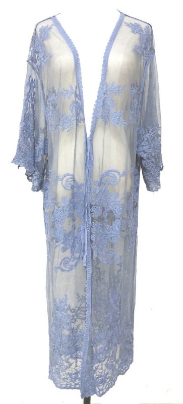 Elegant blue lace cape made of 100% cotton, perfect for layering with a flattering fit and sophisticated drape.