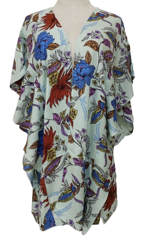 Elegant blue viscose cape with ruffled side panels, perfect for stylish layering and fit for chest sizes up to 117 cm.