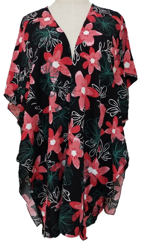 Elegant black cape with ruffled side flowers, crafted from 100% Viscose, perfect for layering and enhancing any outfit.