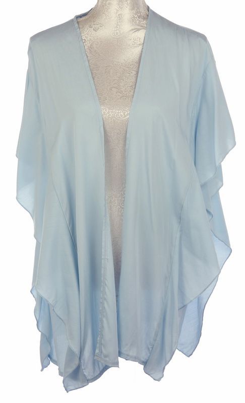 Elegant aqua cape with ruffled sides, crafted from 100% viscose, perfect for layering and versatile for any occasion.