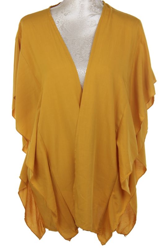 Mustard Victoria Ruffled Side Cape in viscose, draping elegantly, perfect for layering and stylish for all occasions.