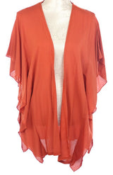 Elegant rust cape with ruffled side, 100% viscose, 85cm wide, fits chests up to 117cm, perfect for versatile styling.