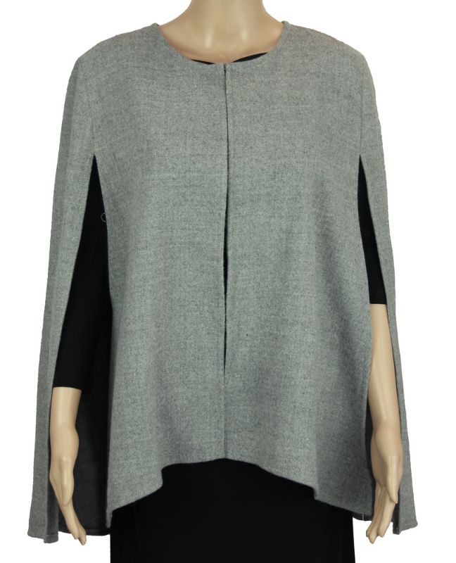 Chic grey 100% acrylic cape with a flowing silhouette, perfect for stylish layering and seasonal transitions.