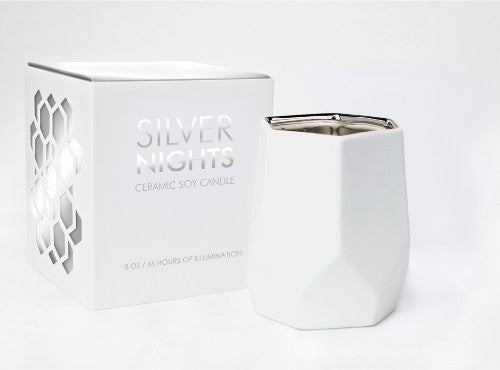 Abstract White Large Candle with 75-hour burn time, featuring Silver Nights fragrance of citrus, spices, and earthy woods.