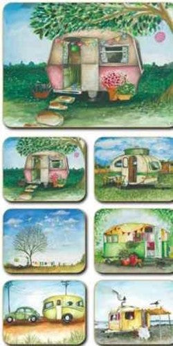 Set of 6 vintage caravan coasters, 9.5x11cm, cork backed for heat resistance, stylishly crafted for home decor.
