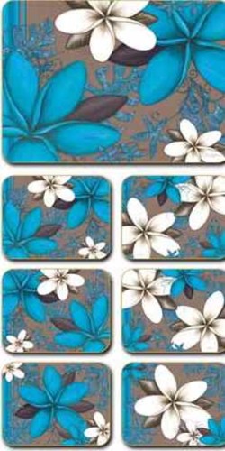A set of 6 Aqua Frangi placemats, 26.5x34cm, featuring tropical designs, cork backing for heat resistance, and easy cleanup.