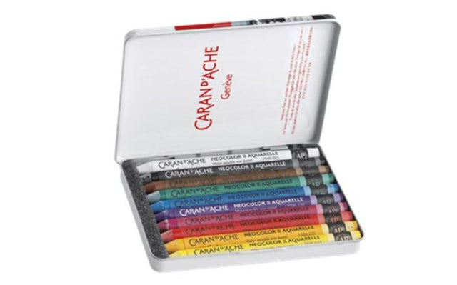 Pack of 10 Caran d'Ache Neocolor II Aquarelle crayons in assorted colors for vibrant, versatile wet and dry art techniques.