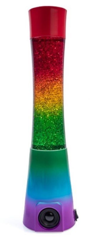 Rainbow glitter lamp speaker with Bluetooth connectivity, swirling glitter, and ambient lighting, perfect for enhancing any space.