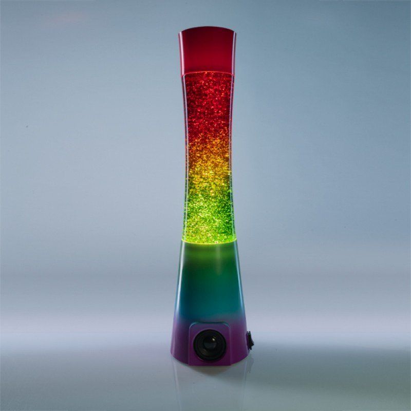 Column-shaped lamp speaker with rainbow glitter, offers ambient lighting and Bluetooth audio, perfect for decor and parties.