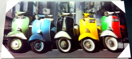 Vibrant 3D wall art of an iconic Vespa scooter, 23 x 50cm, perfect for modern home decor and conversation starter.