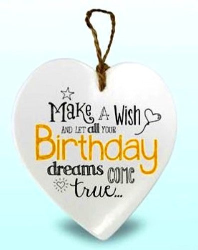 Hanging ceramic hearts set of 3 with heartfelt birthday messages, perfect for adding charm to celebrations and décor.