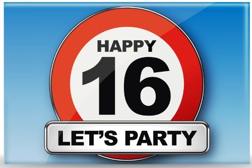 Colorful set of 5 magnets celebrating a teen's 16th birthday with fun traffic sign designs for parties and decor.