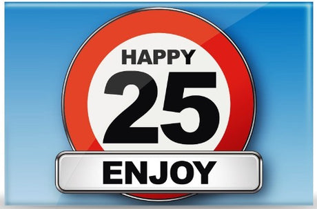 Colorful set of 5 traffic sign magnets celebrating "Happy 25 Enjoy," ideal for decor and special occasions.