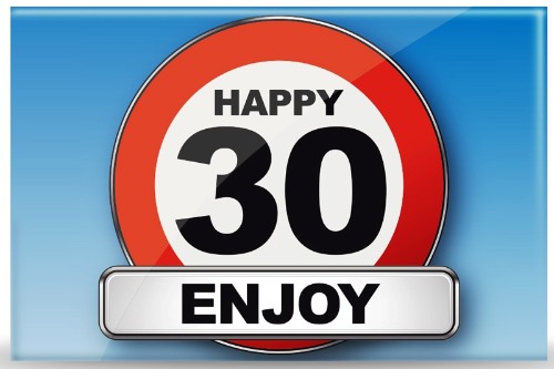 Colorful set of 5 traffic sign magnets celebrating 30th birthdays, perfect for home decor and photo displays.