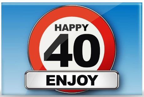 Set of 5 colorful "Happy 40 Enjoy" traffic sign magnets for fridge or office, ideal for celebrating milestone birthdays.