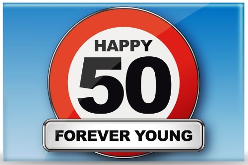 Vibrant set of 5 traffic sign magnets celebrating turning 50, perfect for home decor and milestone birthday gifts.