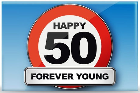 Vibrant set of 5 traffic sign magnets celebrating turning 50, perfect for home decor and milestone birthday gifts.