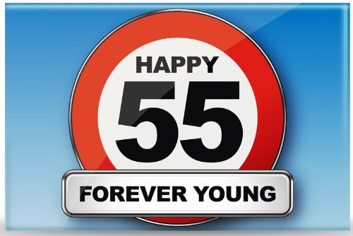 Vibrant set of 5 magnets featuring playful traffic signs celebrating turning 55, perfect for home decor and reminders.