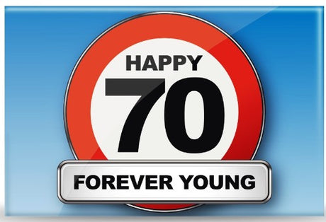 Colorful set of 5 traffic sign magnets celebrating 70th birthdays, featuring designs that embody joy and youthfulness.