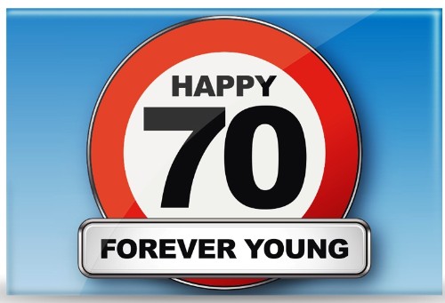 Colorful set of 5 traffic sign magnets celebrating 70th birthdays, featuring designs that embody joy and youthfulness.