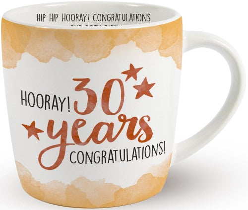 Ceramic mug celebrating 30 years, featuring a heartfelt message and unique hand-painted designs, perfect for gifting.