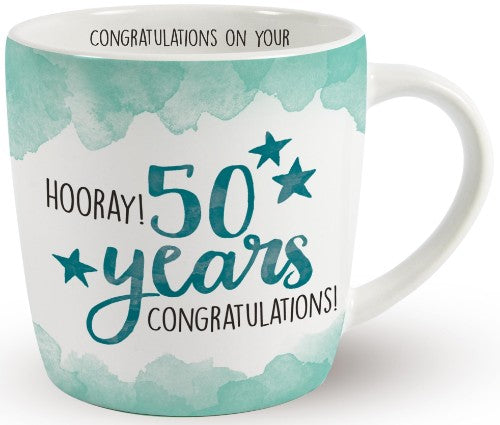 "Hooray! 50 Years Congratulations! mug features heartfelt birthday text, perfect for celebrating a significant milestone."