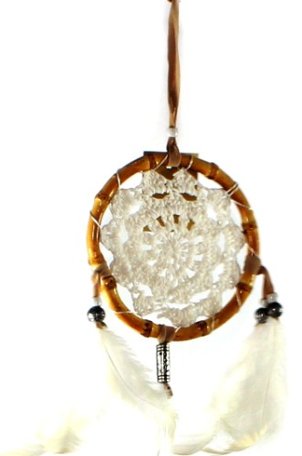 Handcrafted white crochet bamboo dreamcatcher, 12cm, enhances decor and promotes positive energy in any space.