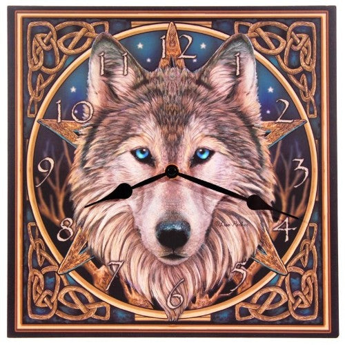 Celtic Wolf Head wall clock by Lisa Parker, 35 x 13 cm, featuring intricate designs and a mystical wolf motif.