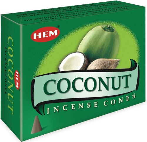 HEM Coconut Incense Cones in a box of 12 packets, ideal for relaxation, meditation, and creating a serene atmosphere.