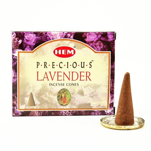 HEM Precious Lavender Incense Cones in a box of 12 packets with calming lavender fragrance for relaxation and meditation.