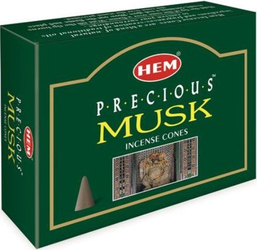 HEM Precious Musk Incense Cones, 12 packets of 10 cones each, offering a calming musk aroma for relaxation and meditation.