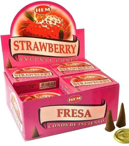 Box of HEM Strawberry Incense Cones with 12 packets, each containing 10 fruity-scented cones for a calming ambiance.