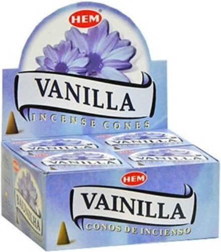 HEM Vanilla Incense Cones in elegant packaging, offering a soothing, long-lasting vanilla aroma for relaxation and meditation.