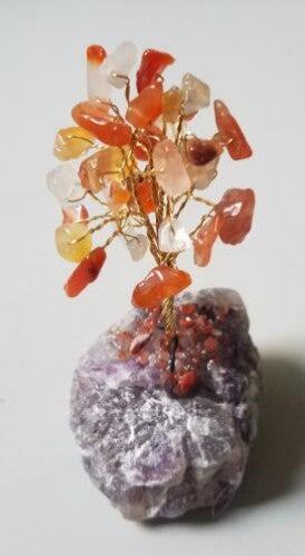 Gemstone tree with red agate stones on a crystal base, promoting positive energy and emotional balance, standing 10 cm tall.