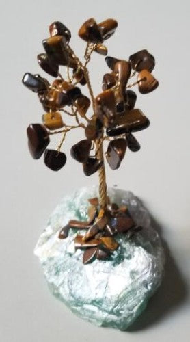 Gemstone Tree made of natural tiger eye crystals on a crystal base, promoting strength, courage, and positive energy.