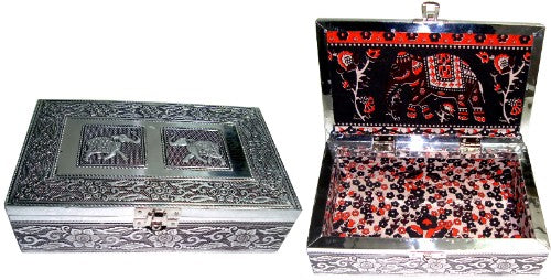 Handmade silver jewellery box from Rajasthan, compact and elegant, perfect for storing precious jewelry and keepsakes.