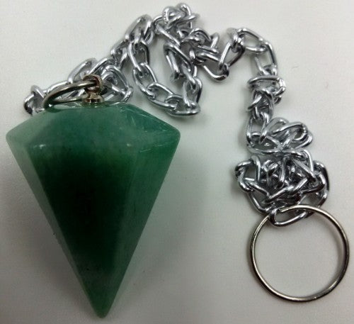 Aventurine cone pendulum for dowsing and healing, measuring 3cm with 29cm chain, promoting balance and intuition.