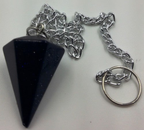 Captivating blue goldstone cone pendulum, 3 cm stone length, 29 cm total, perfect for divination and meditation.