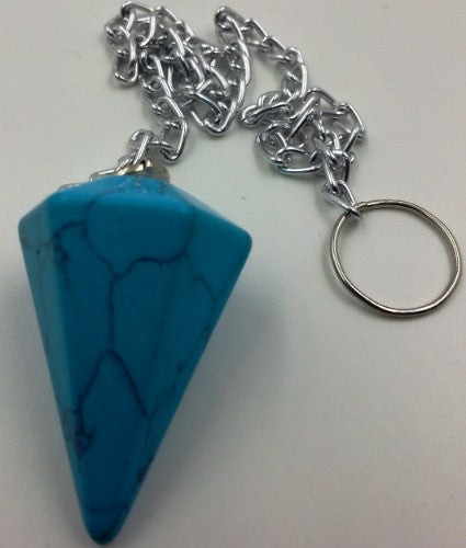 Turquoise cone pendulum, 3cm stone, 29cm chain, ideal for divination, energy healing, and decor.