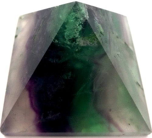 Fluorite pyramid with green, purple, and blue hues, promoting clarity and tranquility, perfect for decor or meditation.