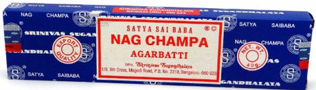 Nag Champa incense box featuring 12 packets, known for its calming sandalwood aroma, perfect for relaxation and meditation.